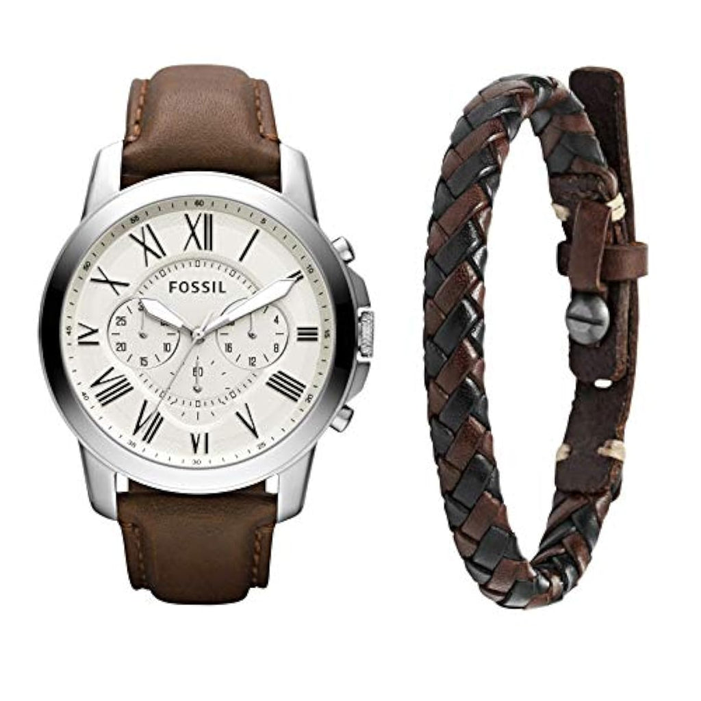 Fossil Men's Grant 44mm Quartz Stainless Steel and Leather Chronograph Watch for Men, Color: Rose Gold, Blue (Model: FS4835)