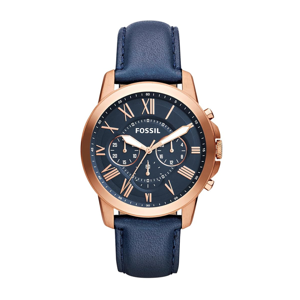 Fossil Men's Grant 44mm Quartz Stainless Steel and Leather Chronograph Watch for Men, Color: Rose Gold, Blue (Model: FS4835)